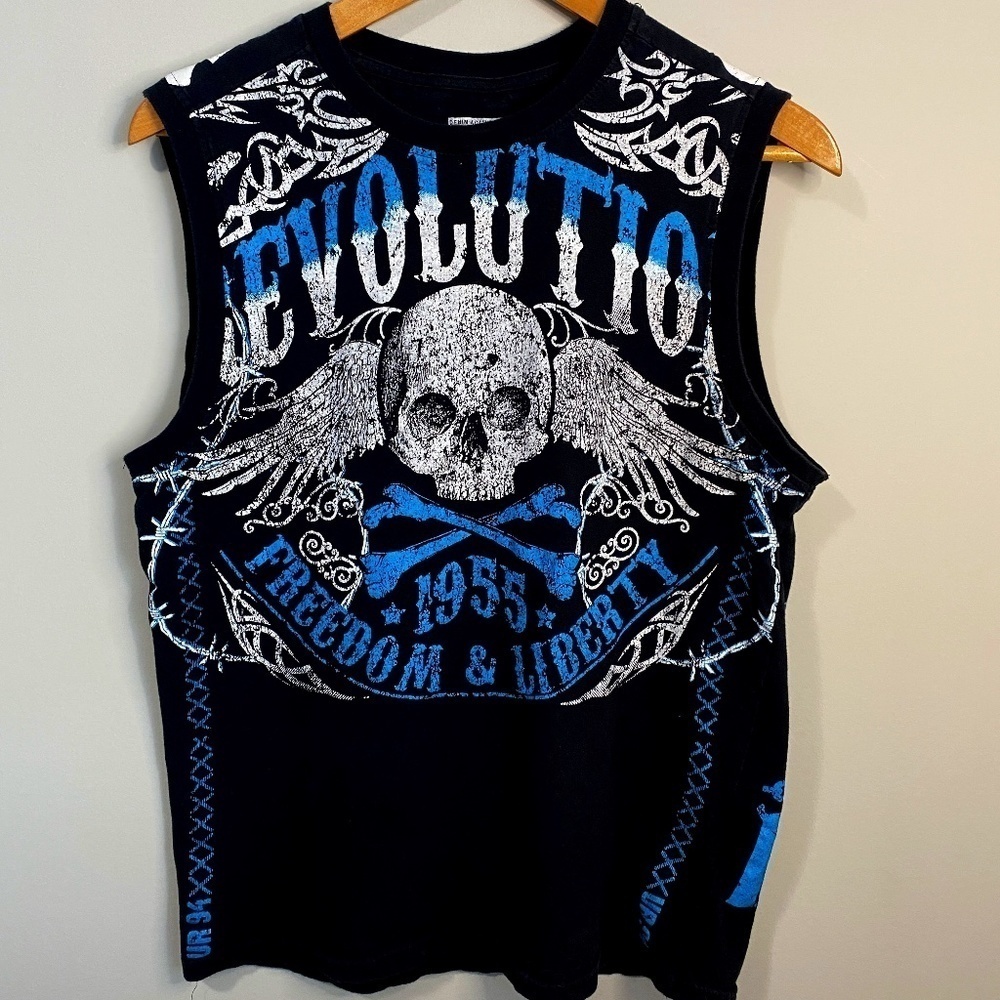 UR Vintage Urban Rags Revolution Skull Wings Graphic Muscle Tank Top Black Blue